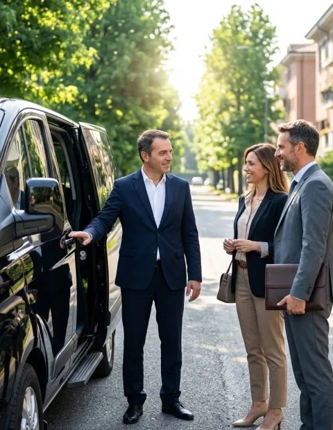 Autista professionale BasiglioTaxi accoglie due clienti business sorridenti davanti a un Ford Tourneo Custom nero a Milano 3