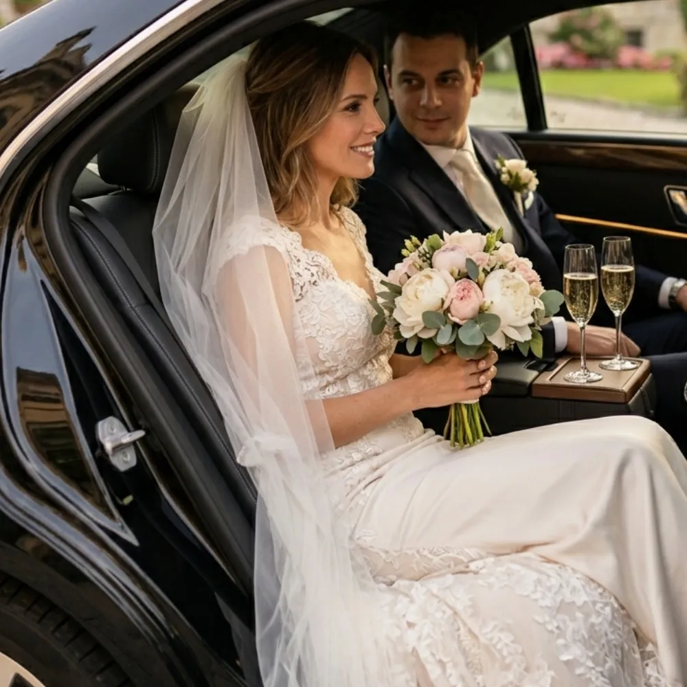Un primo piano dell'abitacolo posteriore di una Mercedes Classe E nera di BasiglioTaxi con sposi in abito nuziale color avorio che brindano con champagne, in un'inquadratura quadrata romantica calda.