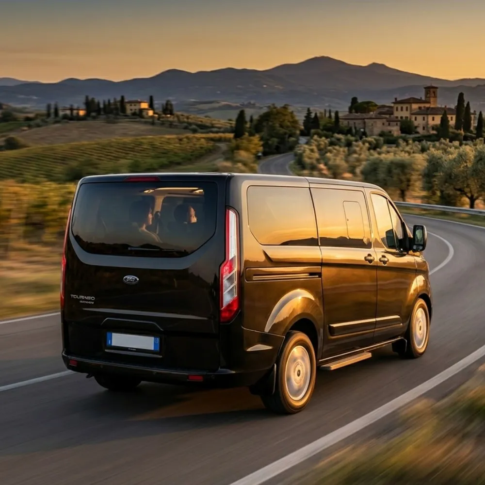 Un Van Ford Tourneo Custom nero di BasiglioTaxi in movimento su una strada panoramica nel Chianti al tramonto, con passeggeri rilassati a bordo, in un'inquadratura quadrata viaggio calda.