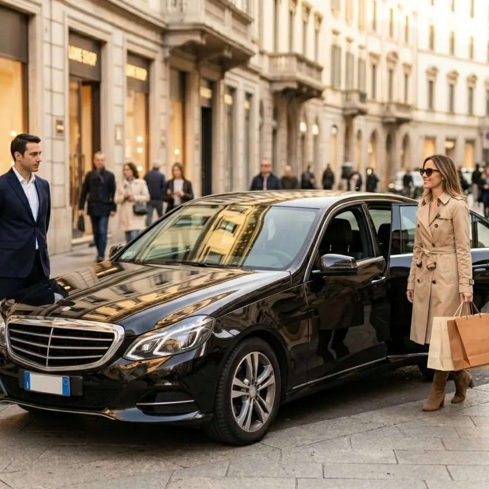 Un'auto Mercedes Classe E nera di BasiglioTaxi intera ferma in Via Montenapoleone a Milano al tramonto, con una donna elegante in trench e boutique bag di lusso, in un'inquadratura quadrata lifestyle calda.