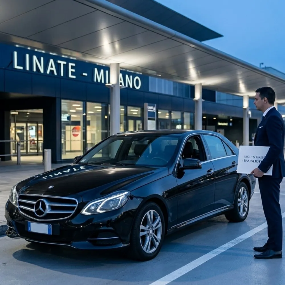 Un'auto Mercedes Classe E nera di BasiglioTaxi vista lateralmente sotto la pensilina di Milano Linate al tramonto, con un autista che regge un cartello Meet & Greet, in un'inquadratura quadrata City Business.