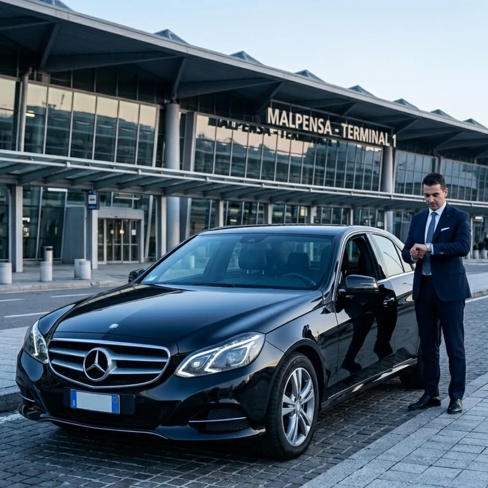 Un'auto Mercedes Classe E nera lucida di BasiglioTaxi ferma davanti al Terminal 1 di Milano Malpensa con un autista in divisa, in un'inquadratura quadrata Business Silver.