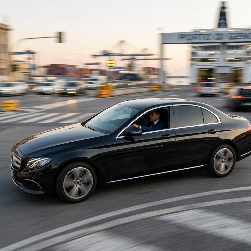 Un'auto Mercedes Classe E nera di BasiglioTaxi in movimento dinamico (panning) verso il porto di Genova al tramonto, con l'autista al volante, in un'inquadratura quadrata City Action Business Silver.