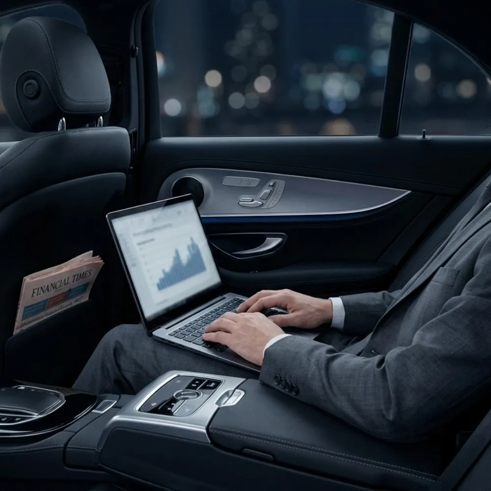 Un primo piano dell'abitacolo posteriore di una Mercedes Classe E nera di BasiglioTaxi al tramonto, con un passeggero anonimo in completo sartoriale che lavora su un tablet, in un'inquadratura quadrata Business Silver.