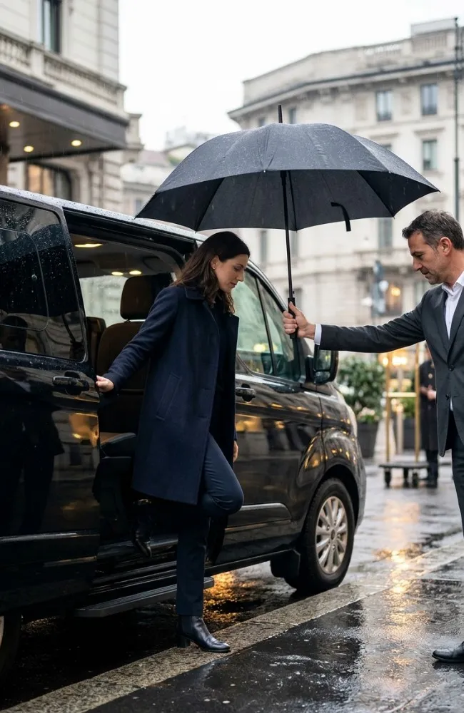 Un'inquadratura verticale media e cinematografica di una donna elegante che scende da un Ford Tourneo Custom nero sotto la pioggia a Milano, assistita da un autista BasiglioTaxi NCC premuroso che tiene un ombrello professionale nero sopra di lei, con l'ingresso di un hotel di lusso sfocato sullo sfondo bagnato.