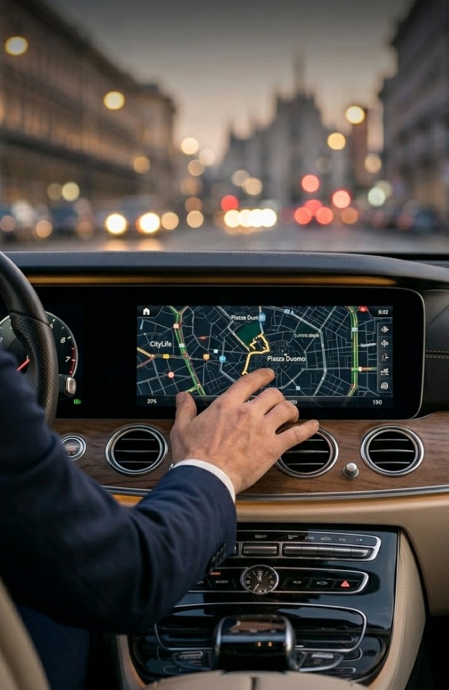Un'inquadratura verticale e ravvicinata della mano nuda e curata di un autista BasiglioTaxi che usa il controller touch e il display digitale con una mappa di Milano sulla console centrale di una Mercedes Classe E, con luci ambientali ambra e traffico cittadino sfocato sullo sfondo.