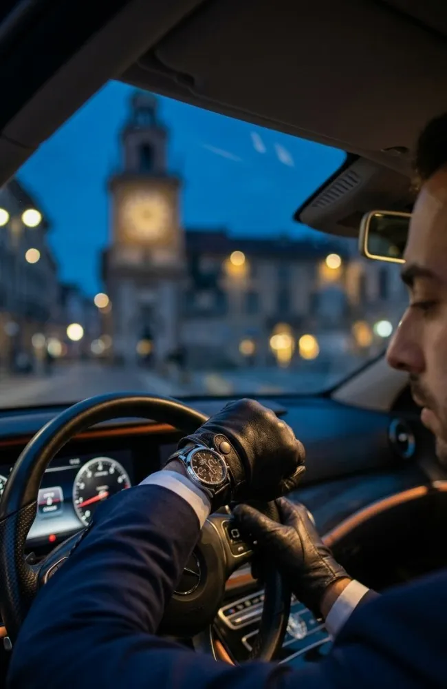 Un'inquadratura verticale e ravvicinata delle mani di un autista BasiglioTaxi in divisa che controllano un orologio analogico di lusso, con il volante della Mercedes Classe E e un orologio pubblico milanese sullo sfondo sfocato.