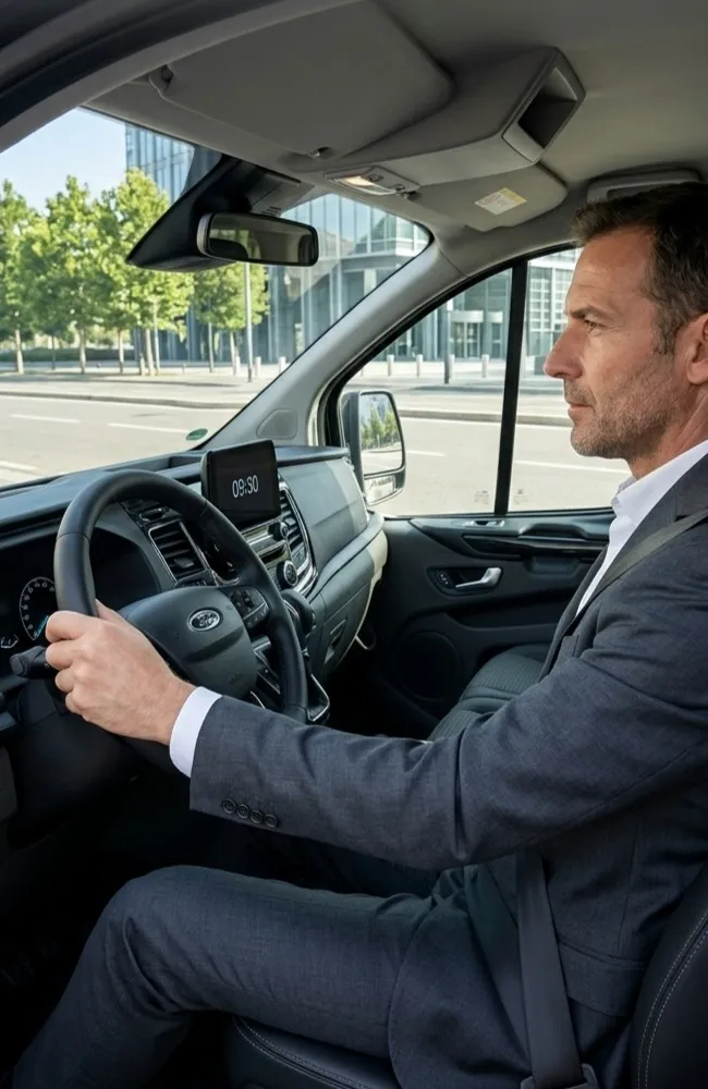 Un'inquadratura verticale media e solida di un autista professionista BasiglioTaxi NCC in divisa grigia seduto al posto di guida del Ford Tourneo Custom sotto la luce solare diurna di Milano, con la mano nuda e curata sul volante, un orologio digitale sulla plancia e l'architettura moderna sfocata sullo sfondo.