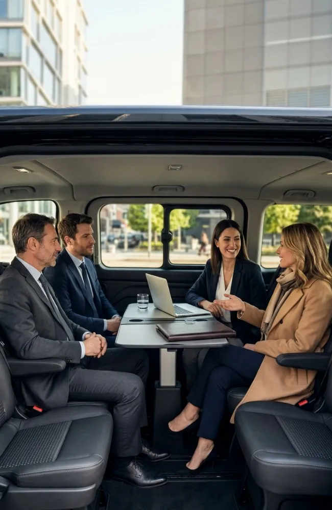 Un'inquadratura verticale media e realistica all'interno di un Ford Tourneo Custom nero con la configurazione vis-à-vis, che mostra quattro persone business (due uomini e due donne) in conversazione naturale durante un meeting in mobilità a Milano, con un laptop sul tavolo e lo sfondo urbano diurno sfocato.